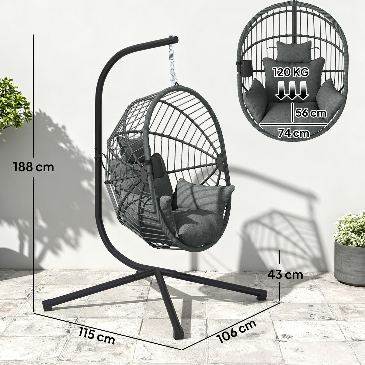 HÄNGESESSEL, Stahl, Polyester, Grau - Grau, Kunststoff/Metall (106/188/120cm) - Outsunny
