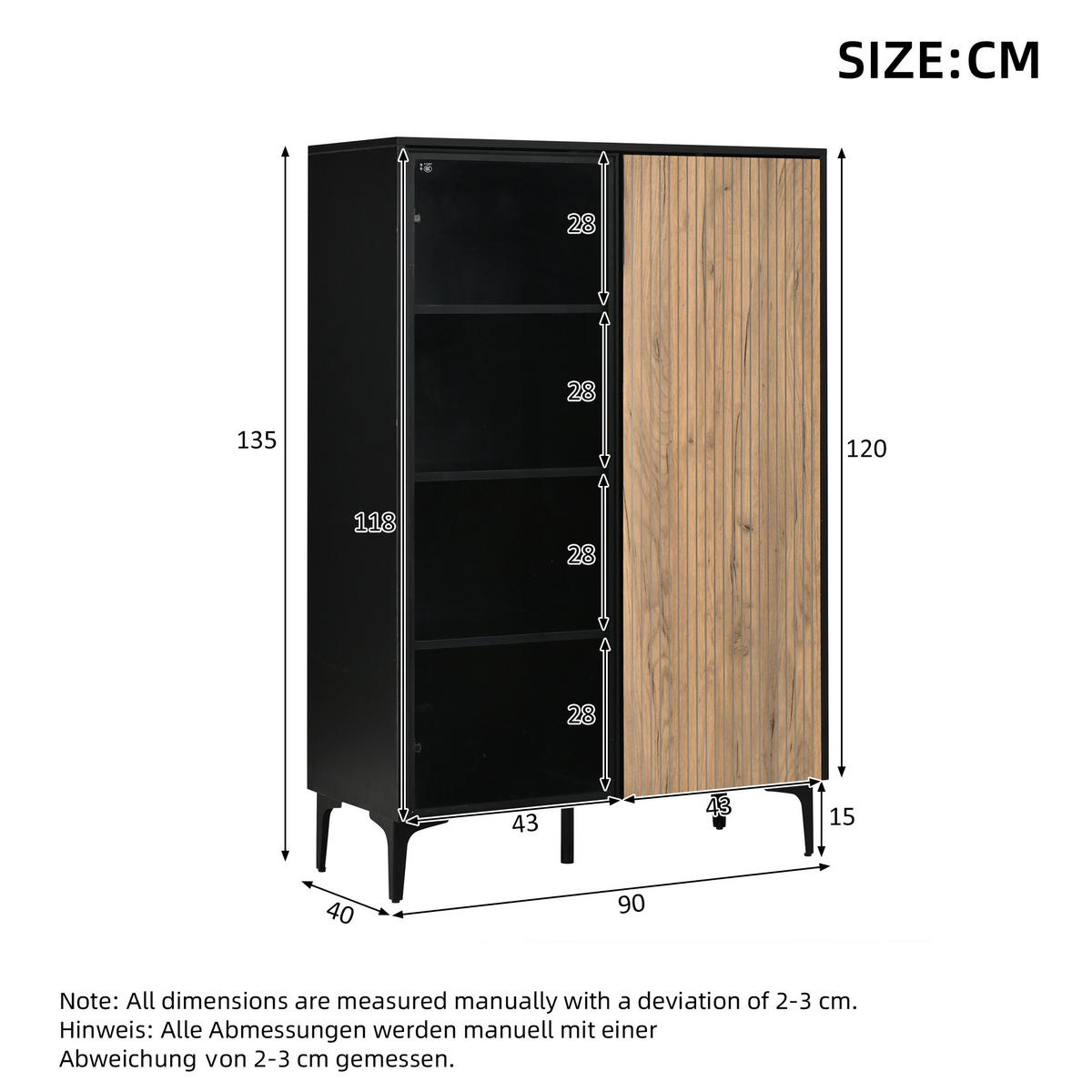 VITRINE 90×40×135cm Schwarz mit 2 Türen und Glastür - Schwarz/Naturfarben, Holzwerkstoff (90/135/40cm) - FLIEKS