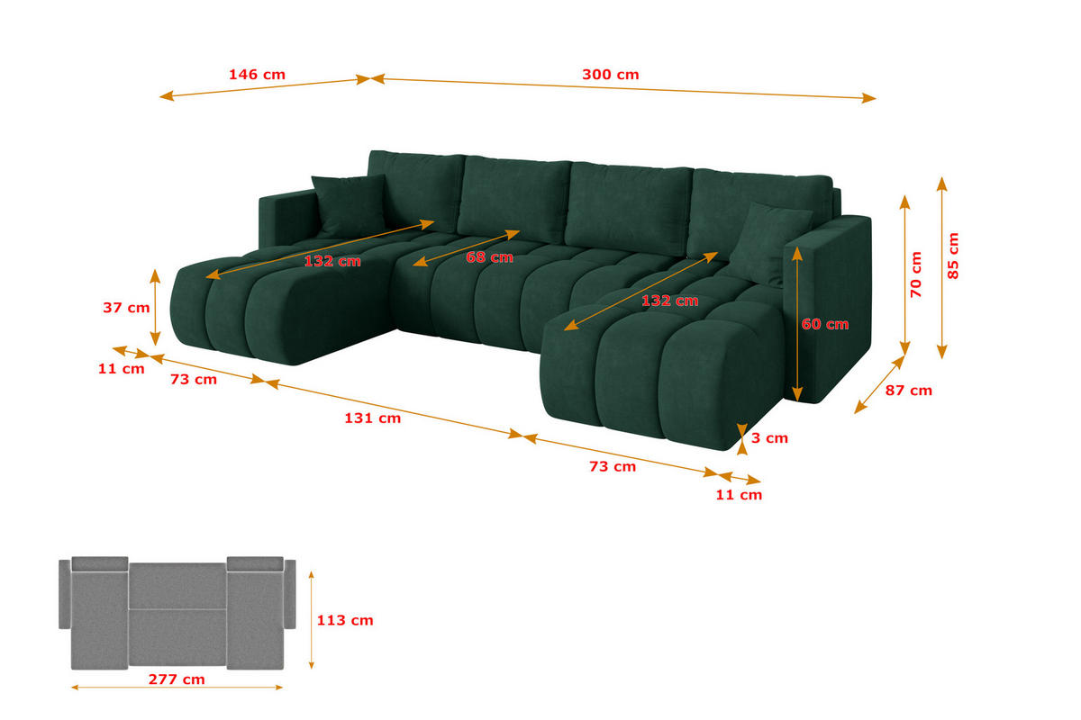 SEDACÍ SOUPRAVA DO U s funkcí spaní a úložným prostorem GARD-U 300x146x85 zelená velur - černá/zelená barva, kompozitní dřevo/textil (300/85/146cm) - ALTDECOR