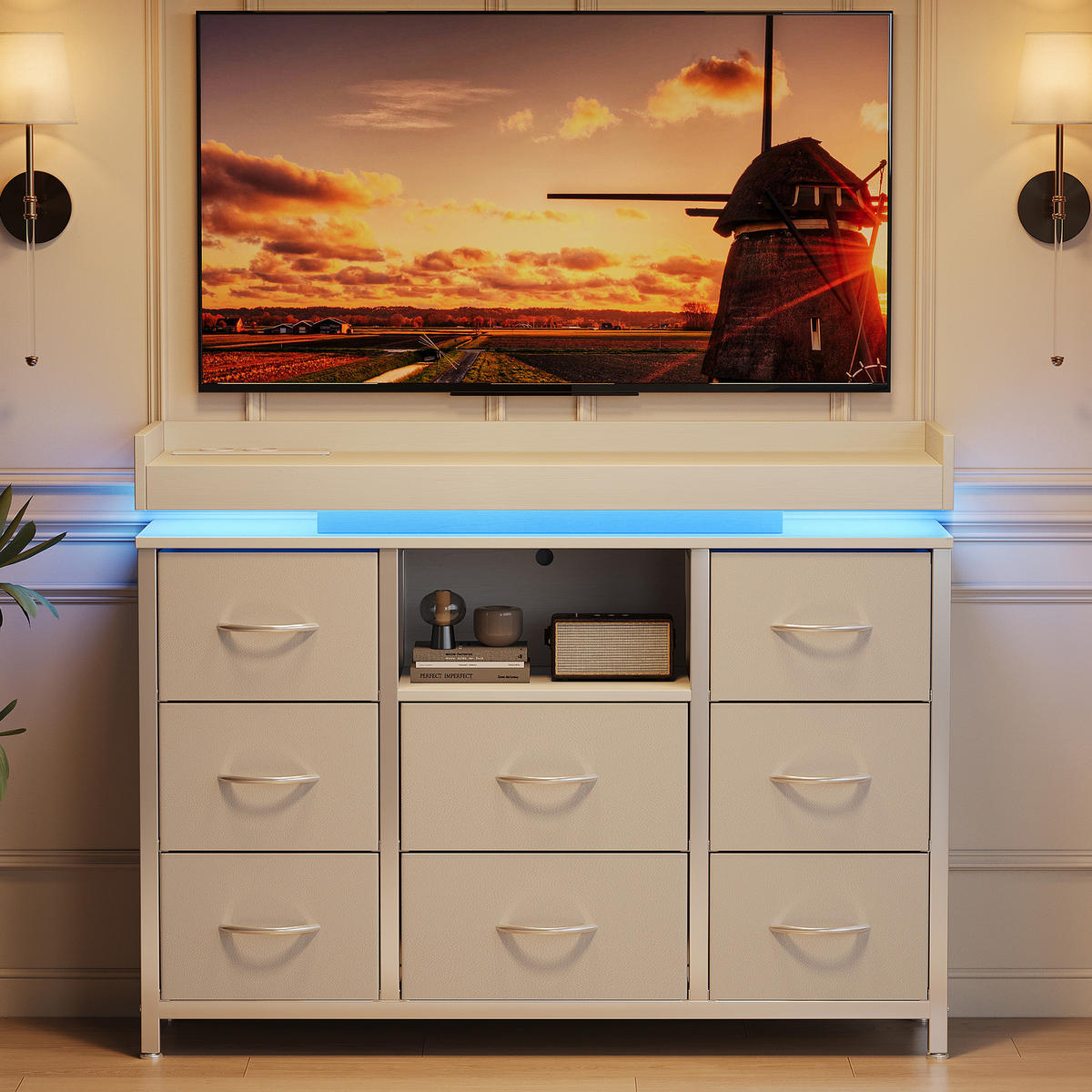 KOMMODE 8 Schubladen Weiß, RGB-LED, USB, Kippschutz - Weiß, Holz (30/82/108cm) - SHOPENTRA