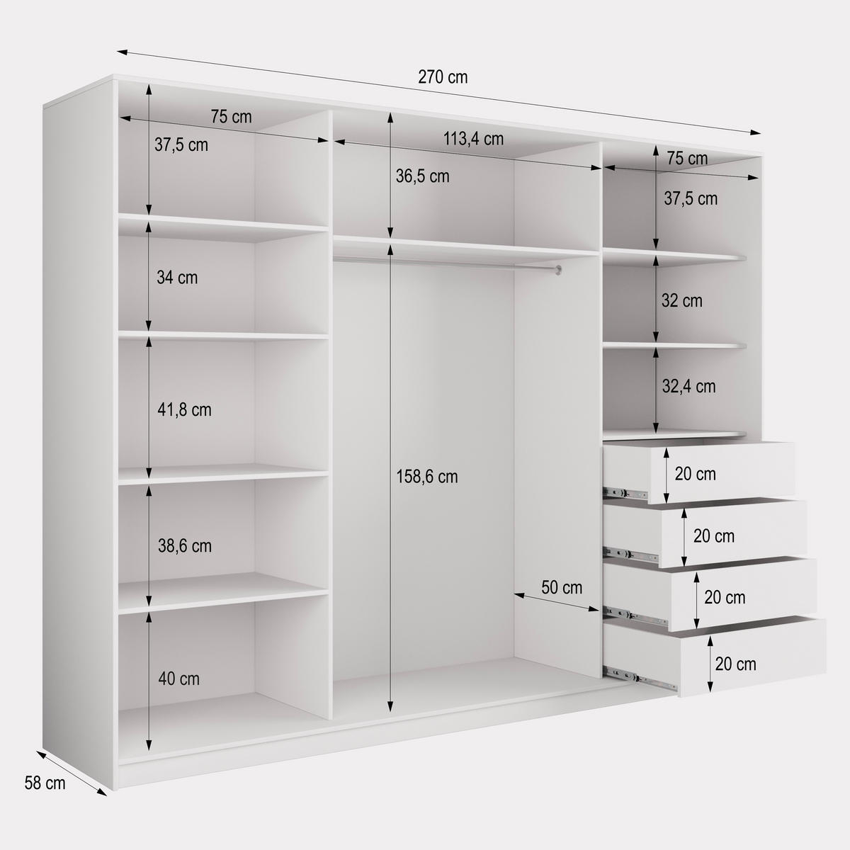 SCHWEBETÜRENSCHRANK TARI 270/205/58 cm 3-türig mit Spiegel und 4 Schubladen Schwarz - Schwarz, Holzwerkstoff (270/205/58cm) - MASSENO