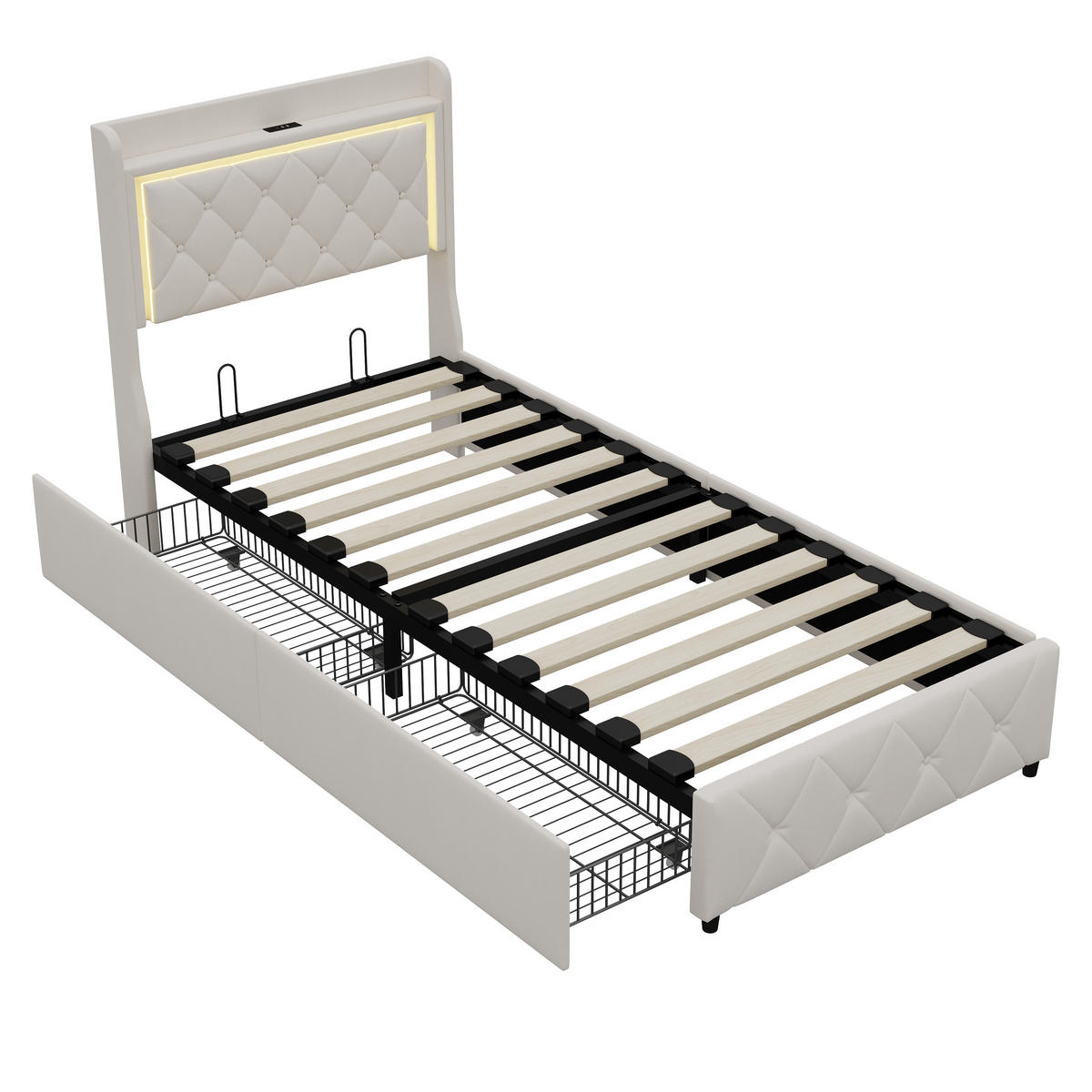 POLSTERBETT 90x200 cm, Einzelbett mit 2 Schubladen, LED & USB/Type-C, Flauschstoff in Beige - Beige, Holz (90/200cm) - BRILVERDE