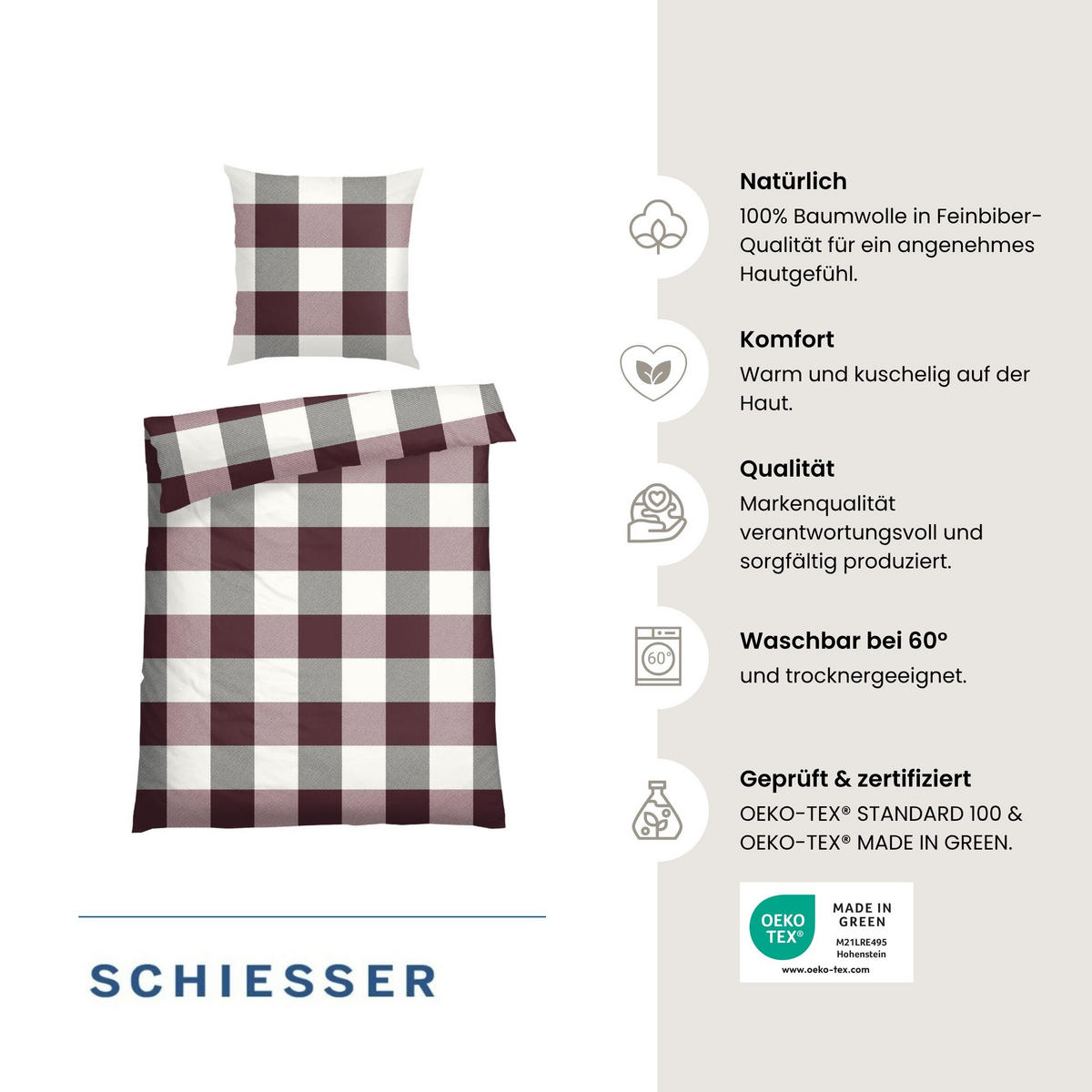 BETTWÄSCHESET Alice - Feinbiber - 2-teilig - 135 x 200 cm - Burgund - Rotbraun, Textil (135/200cm) - SCHIESSER