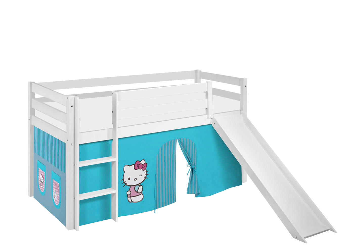 SPIELBETT JELLE Hello Kitty Türkis - Hochbett - mit Rutsche und Vorhang - Weiß, Holz - Lilokids