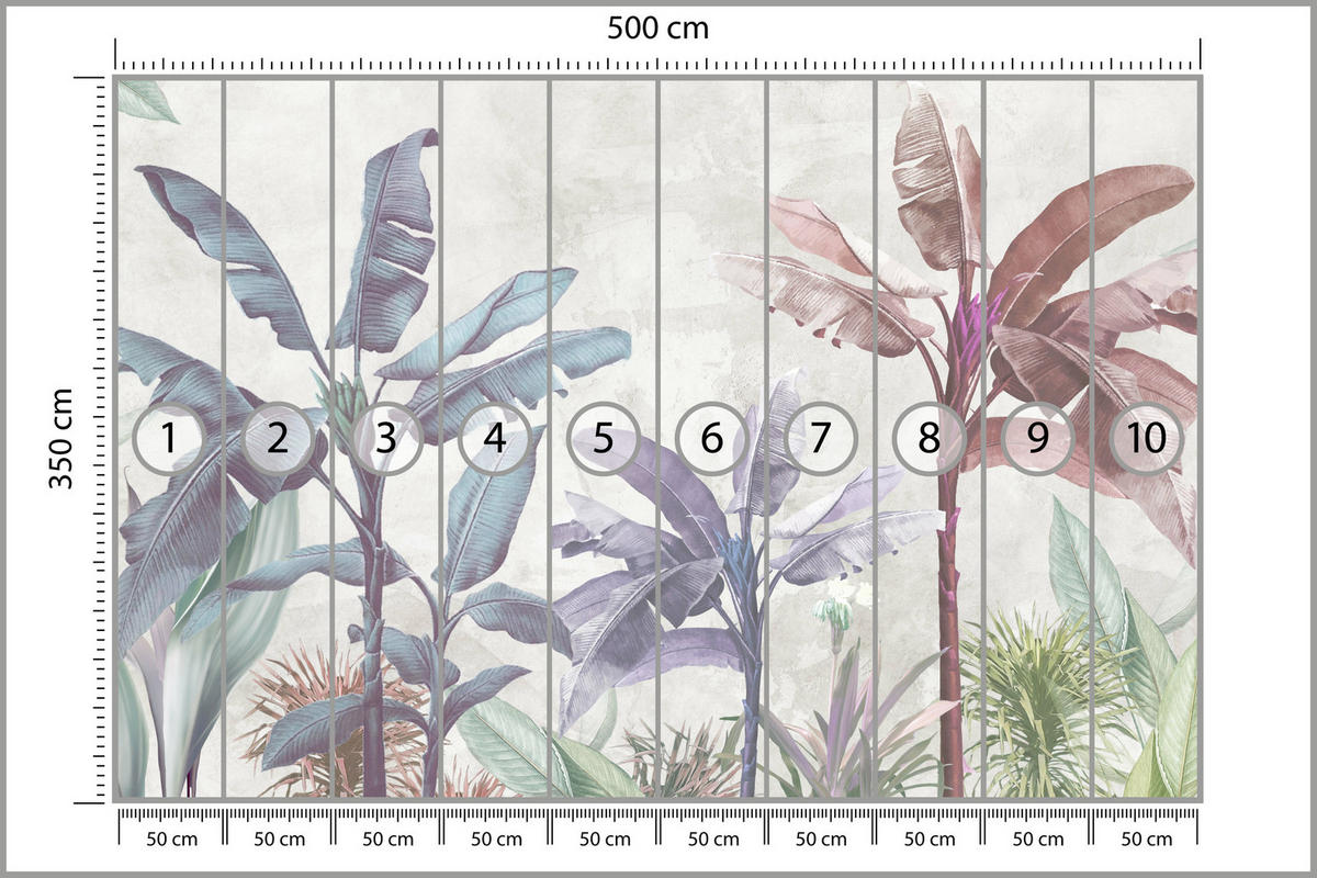 FOTOTAPETE für Schlafzimmer Bunte Bananenblätter Tropen Bäume 500x350 - Beige/Rot, Papier (500/350cm) - Muralo