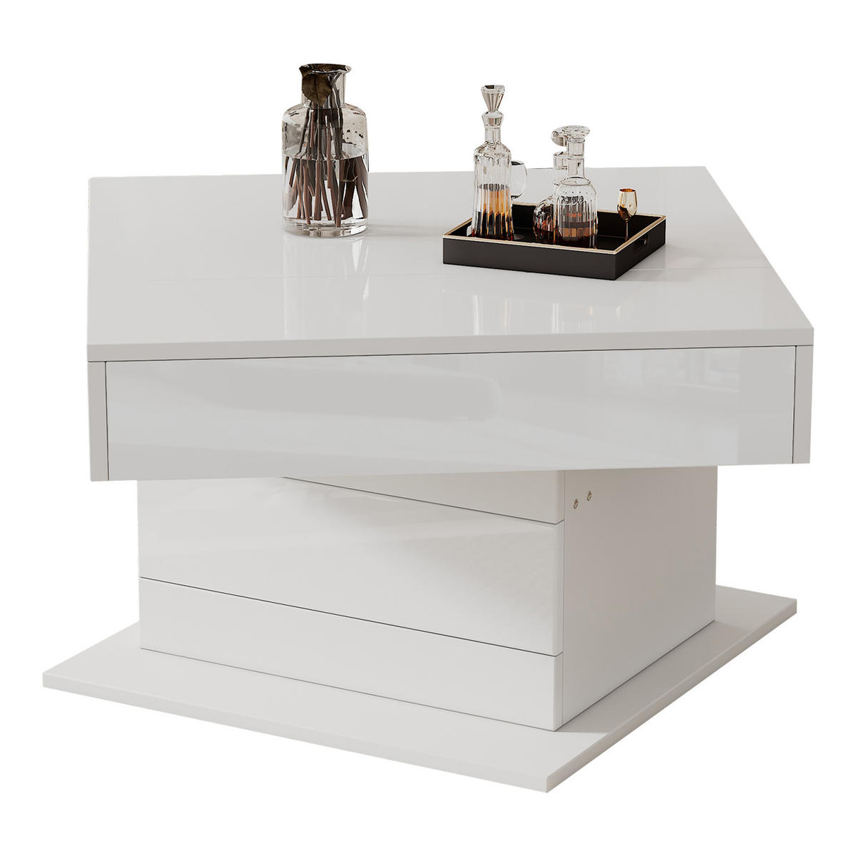 COUCHTISCH 70/70/45 cm Weiß hochglänzend mit 360° drehbarer Tischplatte und 1 Schublade - Weiß, Holzwerkstoff (70/70/45cm) - OKWISH