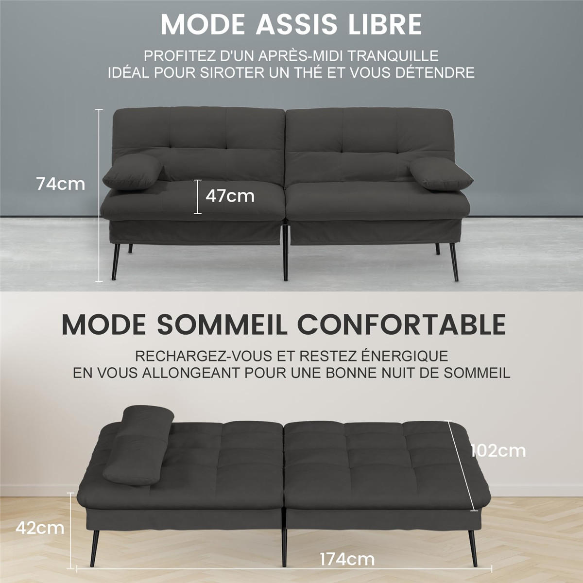 SCHLAFSOFA 3-Sitzer Klappsofa mit Schlaffunktion, Schwarz - Schwarz, Textil (174/42/102cm) - Kaket
