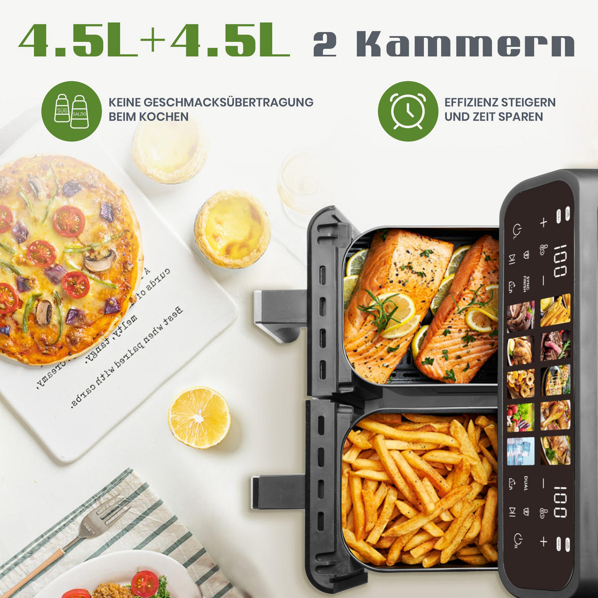 HEISSLUFTFRITTEUSE 9L 10-in-1 & Dual-Kammer, LED-Display - Schwarz, Metall (36/31/32cm)