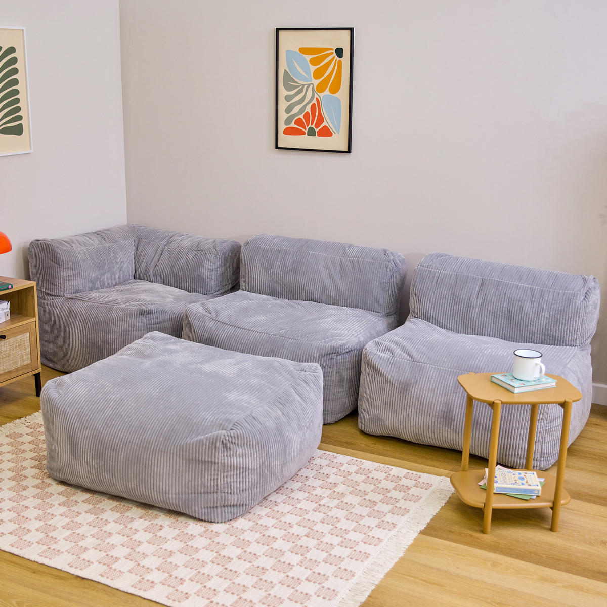 SITZSACK-SOFA 4-tlg. ZEN: Ecksessel, 2 Sessel, Fußstütze - Grau, Textil (450/68/100cm) - icon