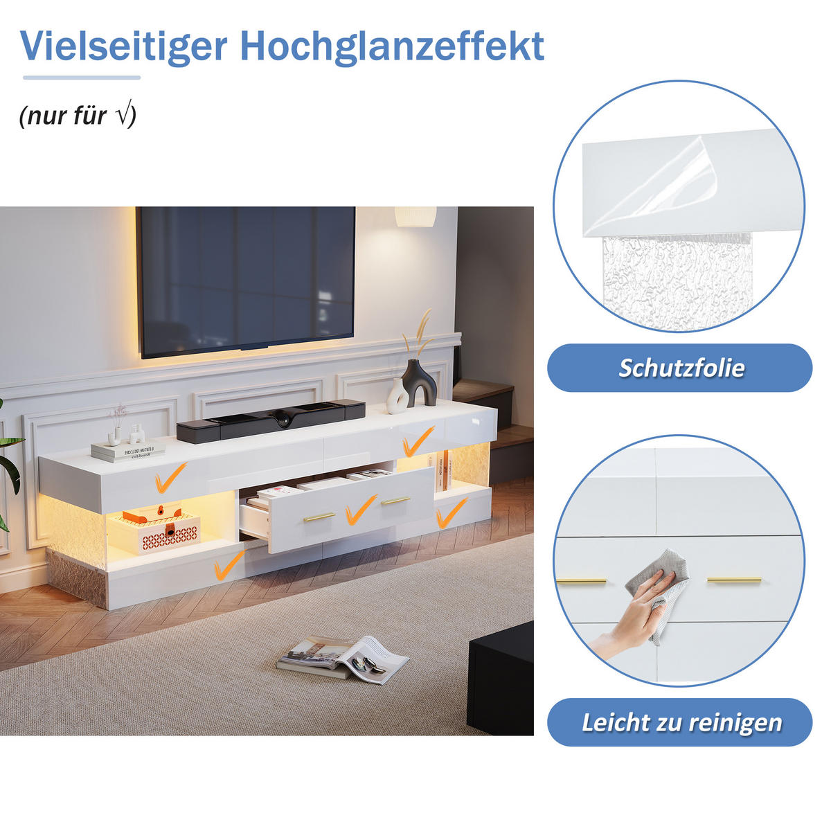 LOWBOARD in Weiß, TV Schrank mit LED, Offenen Stauraum und Schubladen, 152/35/40cm, für Wohnzimmer - Weiß, Holzwerkstoff (152/40/35cm) - STILVORA