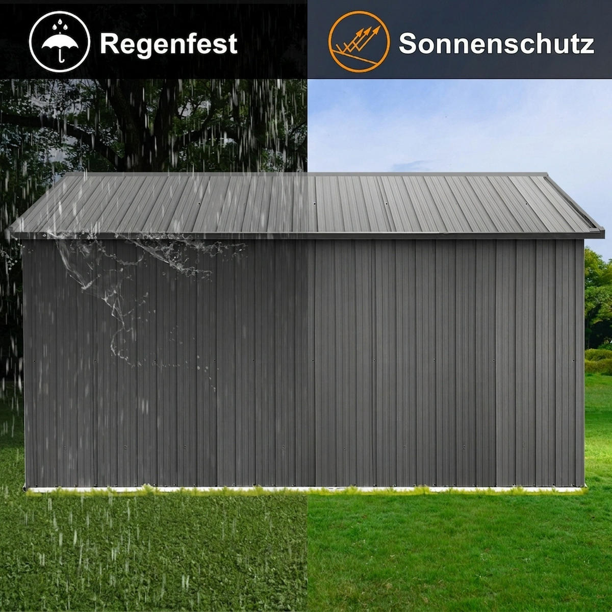 GERÄTEHAUS 374.9/307.8/204.8 cm Grau mit Tür, Schloss und Fenster (10,34m²) - Grau, Metall (307.8/204.8/374.93cm) - Oxeza
