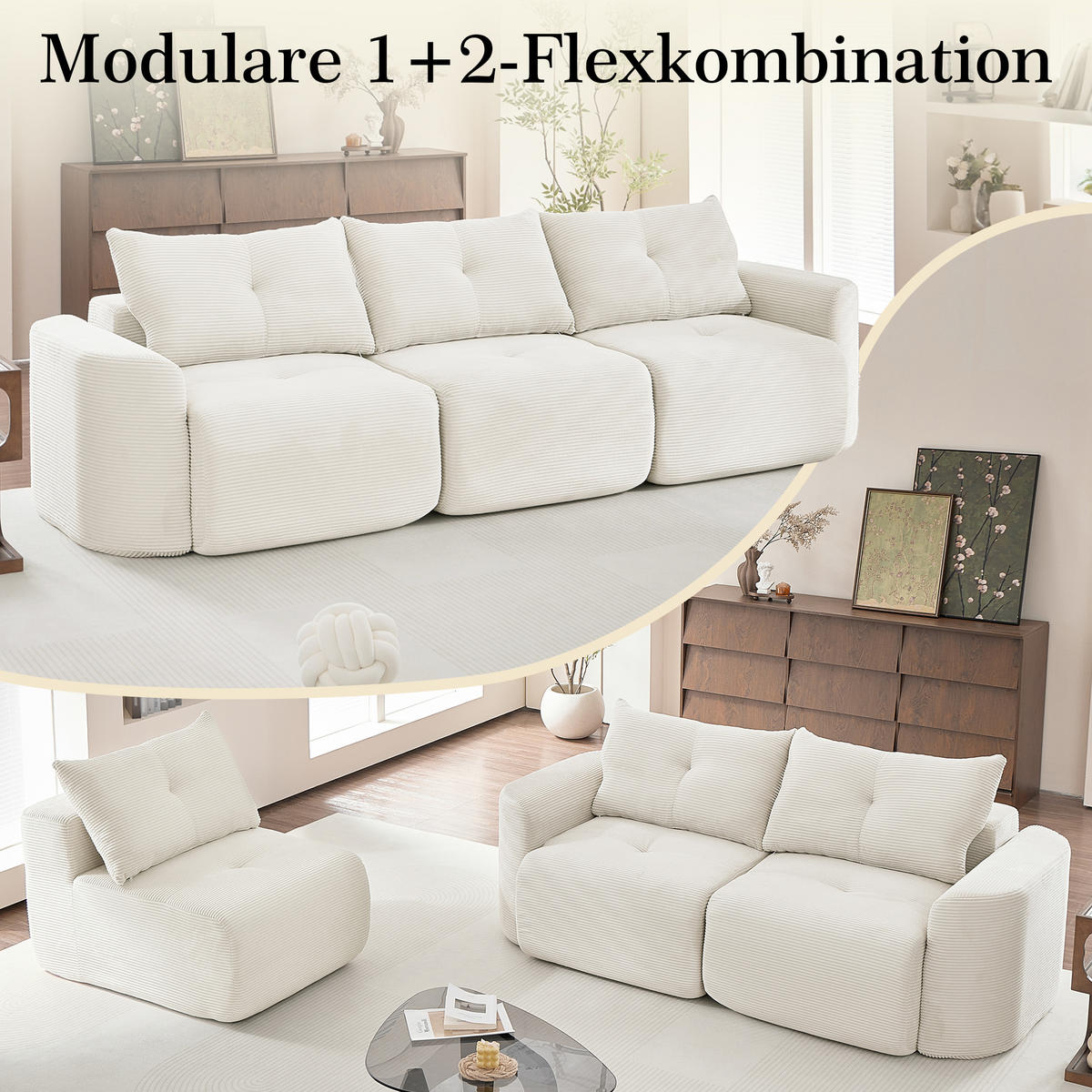 3-SITZER-SOFA 2+1 Wabi-Sabi Cord, DE-42909, Creme - Beige, Textil (279/94/100cm) - ComfortXL