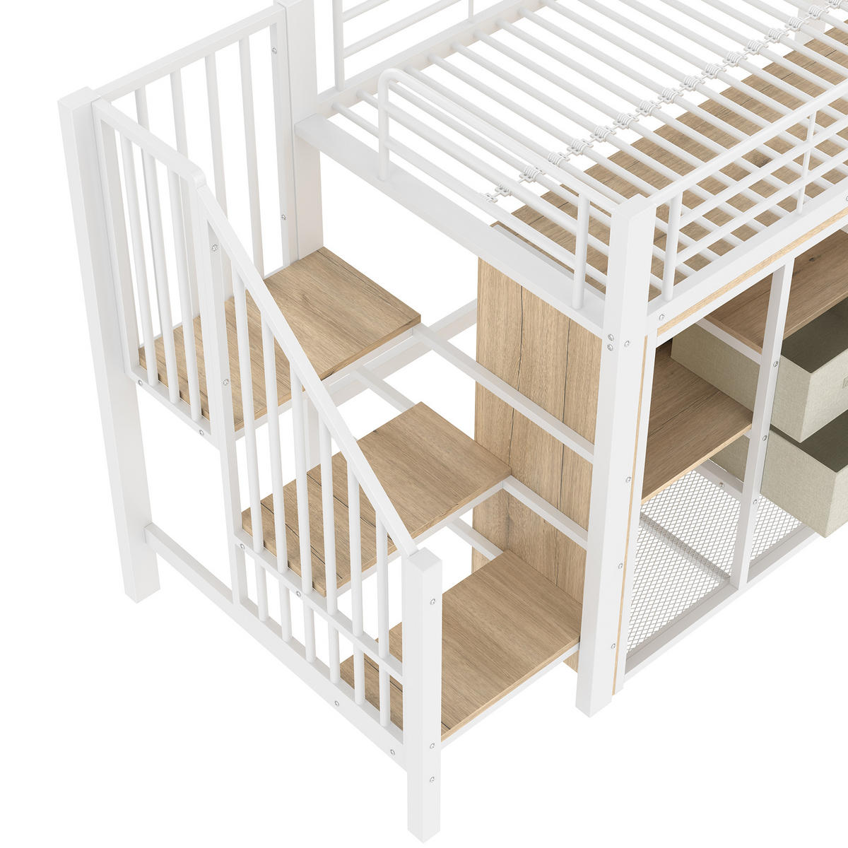 HALBHOHES BETT 90x200cm Weiß 2 Schubladen Kleiderschrank LED-Licht - Weiß, Metall (90/200cm) - FLIEKS