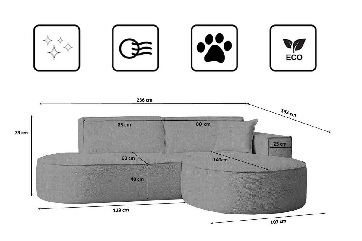 ECKSOFA Modena Studio Stoff Artico, Cement Rechts - Grau, Holz/Textil (236/165cm) - Kaiser Möbel