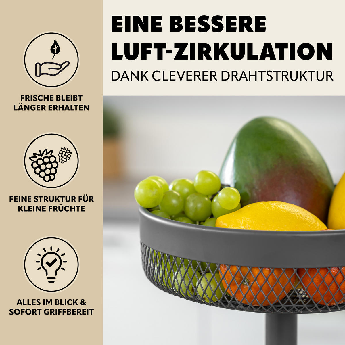 OBSTETAGERE, rund, 2-stöckig, Ø 20 cm und 25 cm, grau, Metall - Grau, Metall (25/31cm) - eluno