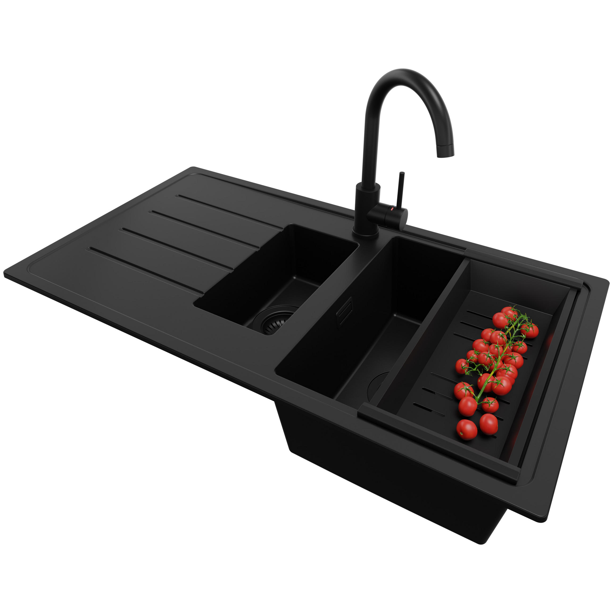 GRANITSPÜLE - Kopenhagen, 3-er set Alles Schwarz 90/50 cm, 1,5 Becken + Küchenarmatur 32/20 cm + Ablauf-Set ab 60er Unterschrank - Schwarz, Kunststoff (90/19/48cm) - Primagran