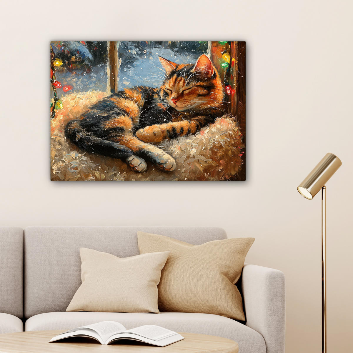 LEINWANDBILD Katze - Weihnachten - Winter - Tier Wandbilder 80x60 cm - Bernsteinfarben, Textil (80/60cm) - MuchoWow