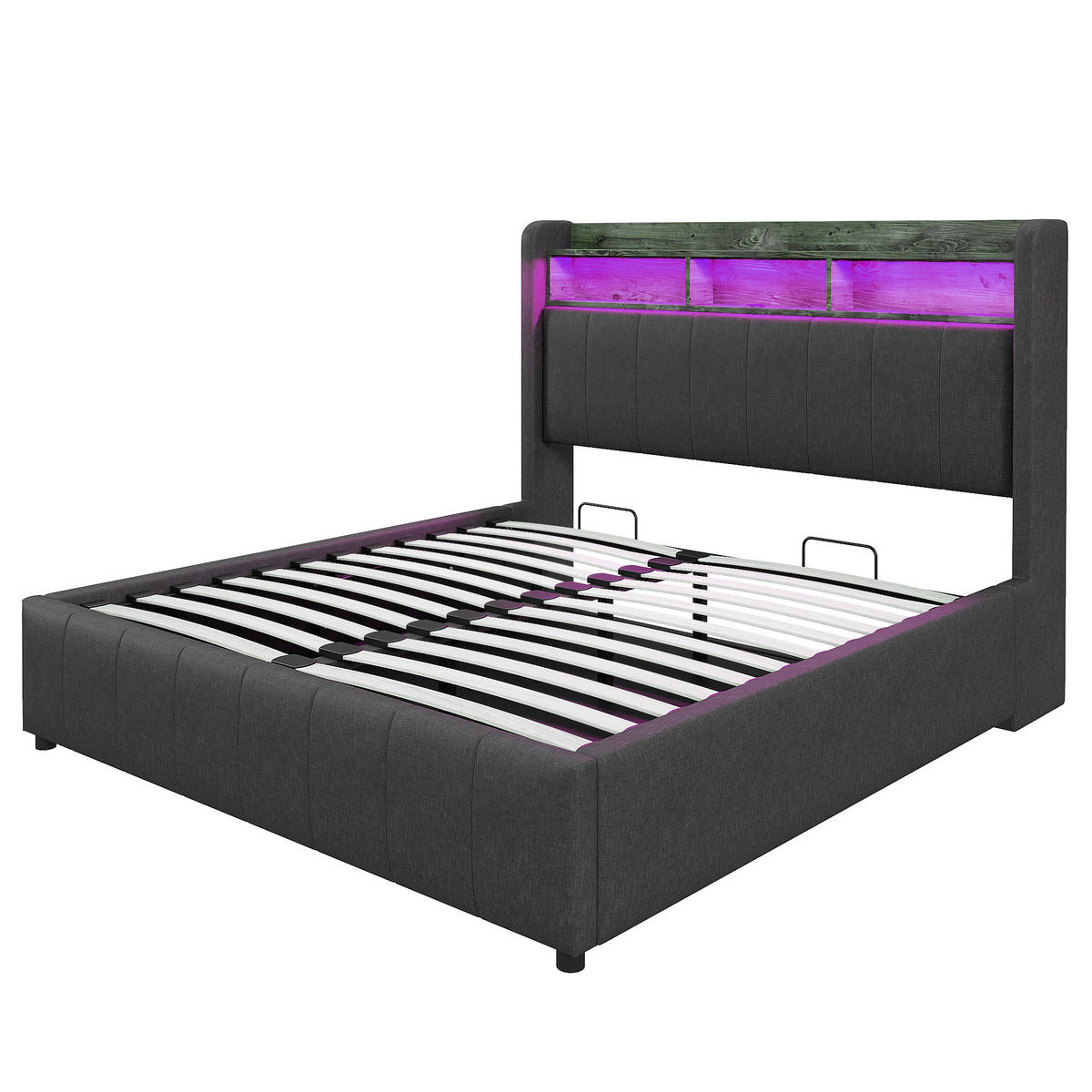 POLSTERBETT 160x200cm, LED, USB, Kopfteil Ablage+Stauraum, Grau - Grau, Textil (160/200cm)