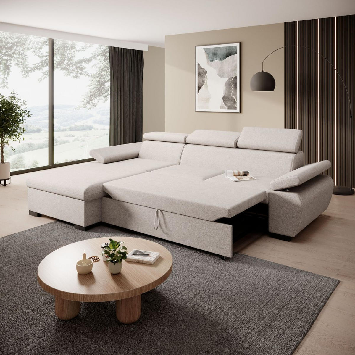 ECKSCHLAFSOFA Coco mit verstellbare Kopfstützen, beige, links - Beige, Textil (273/191cm) - Beautysofa