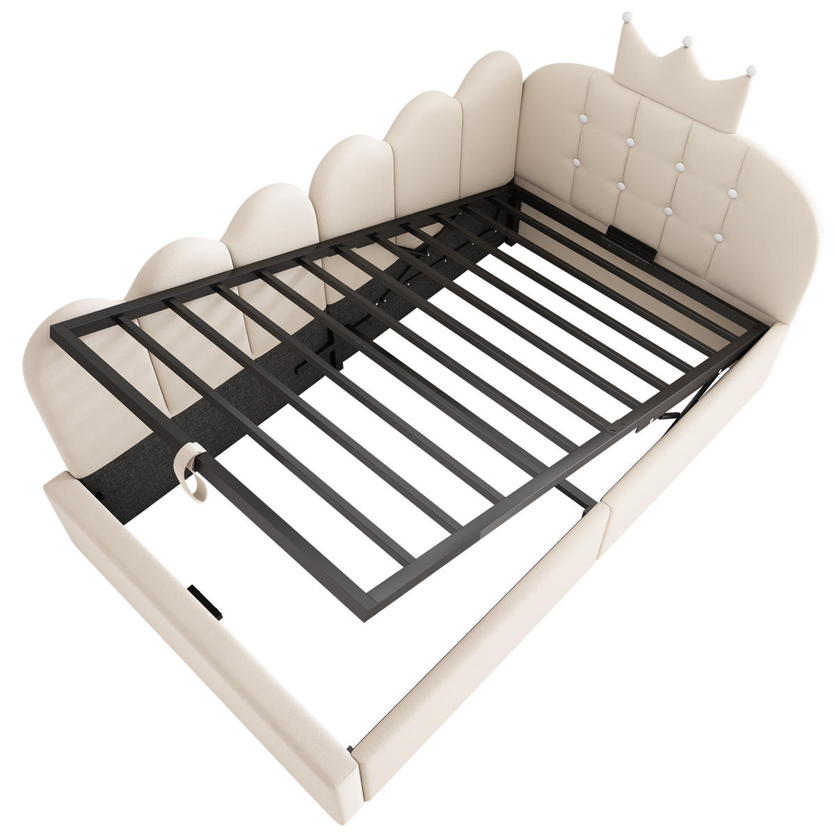 POLSTERBETT 90/200 cm mit hydraulischem Stauraum, Kronen-Gitter-Design und Samtbezug, Beige - Beige, Textil (90/200cm) - Redom