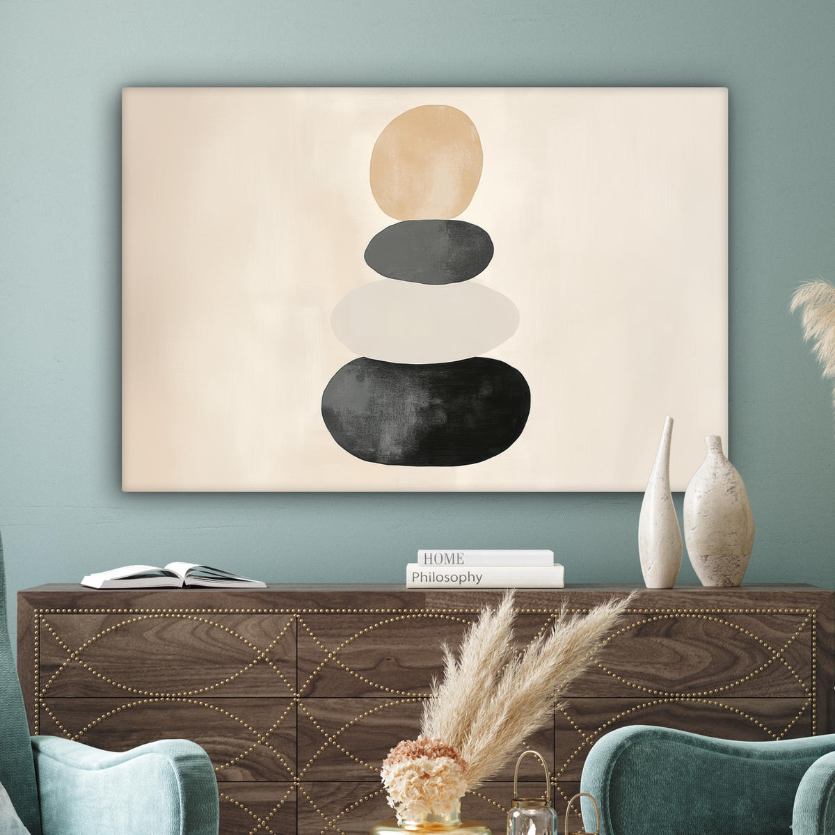 LEINWANDBILD Japandi - Wabi sabi - Beige Wohnzimmer 120x80 cm - Taupe, Textil (120/80cm) - MuchoWow