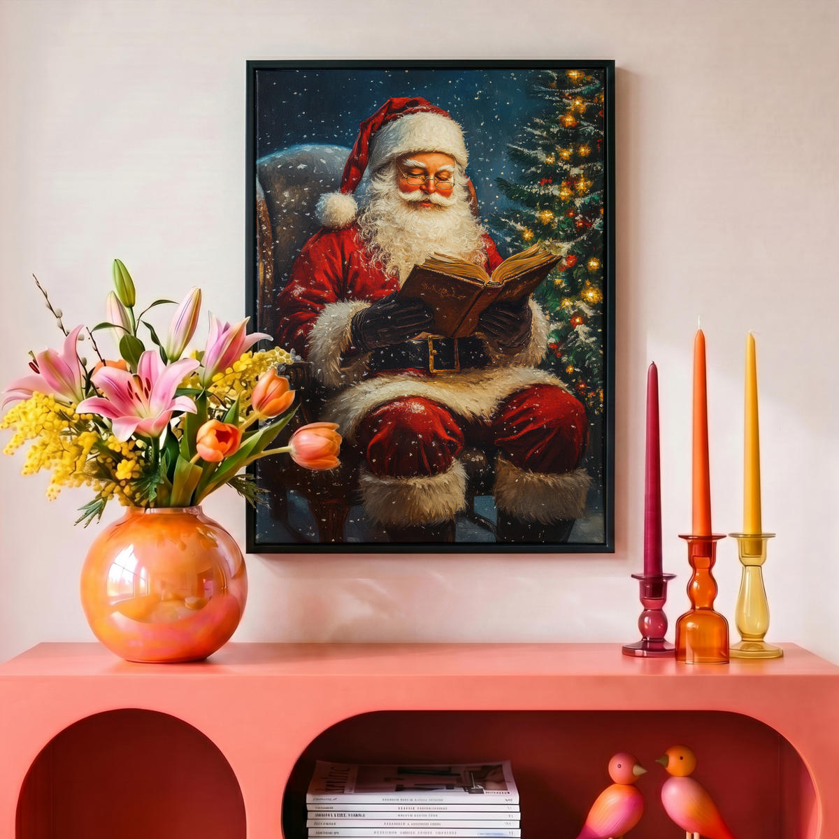 LEINWAND Bilder mit Rahmen - Weihnachtsmann - Weihnachten - Winter - Weihnachtsbaum - 30x40 - Bordeaux, Textil (30/40cm) - MuchoWow