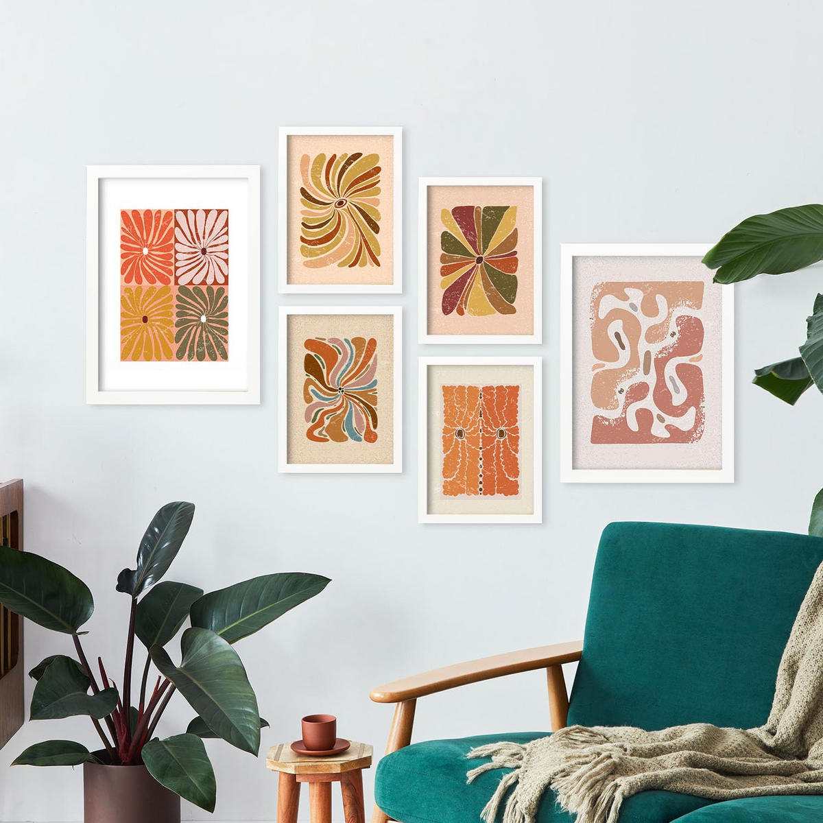 POSTER Set Mit 6 Drucken Abstrakter Blume Ethnischens Dekorative Rahmen Für Ihr Wohnzimmer Schlafzimmer Zuhause Wandkunstdruck A3 & A4 Weißer Rahmen - Weiß, Papier (29/3cm) - Nacnic