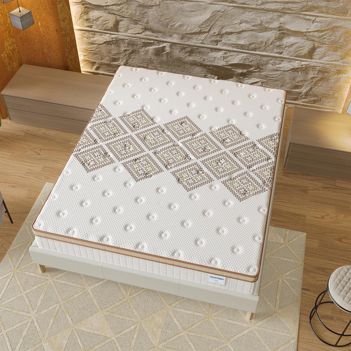 BETT und MATRATZE - 160 x 200 cm - Taschenfederkern - 28cm dick - Weiß, Naturmaterialien/Eichenholz (160/200cm) - November Sleep