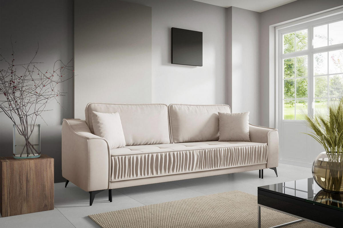 3-SITZER SCHLAFSOFA Louisos Samt Hellbeige - Ecru/Schwarz, Textil/Metall (249/100/100cm) - Selsey