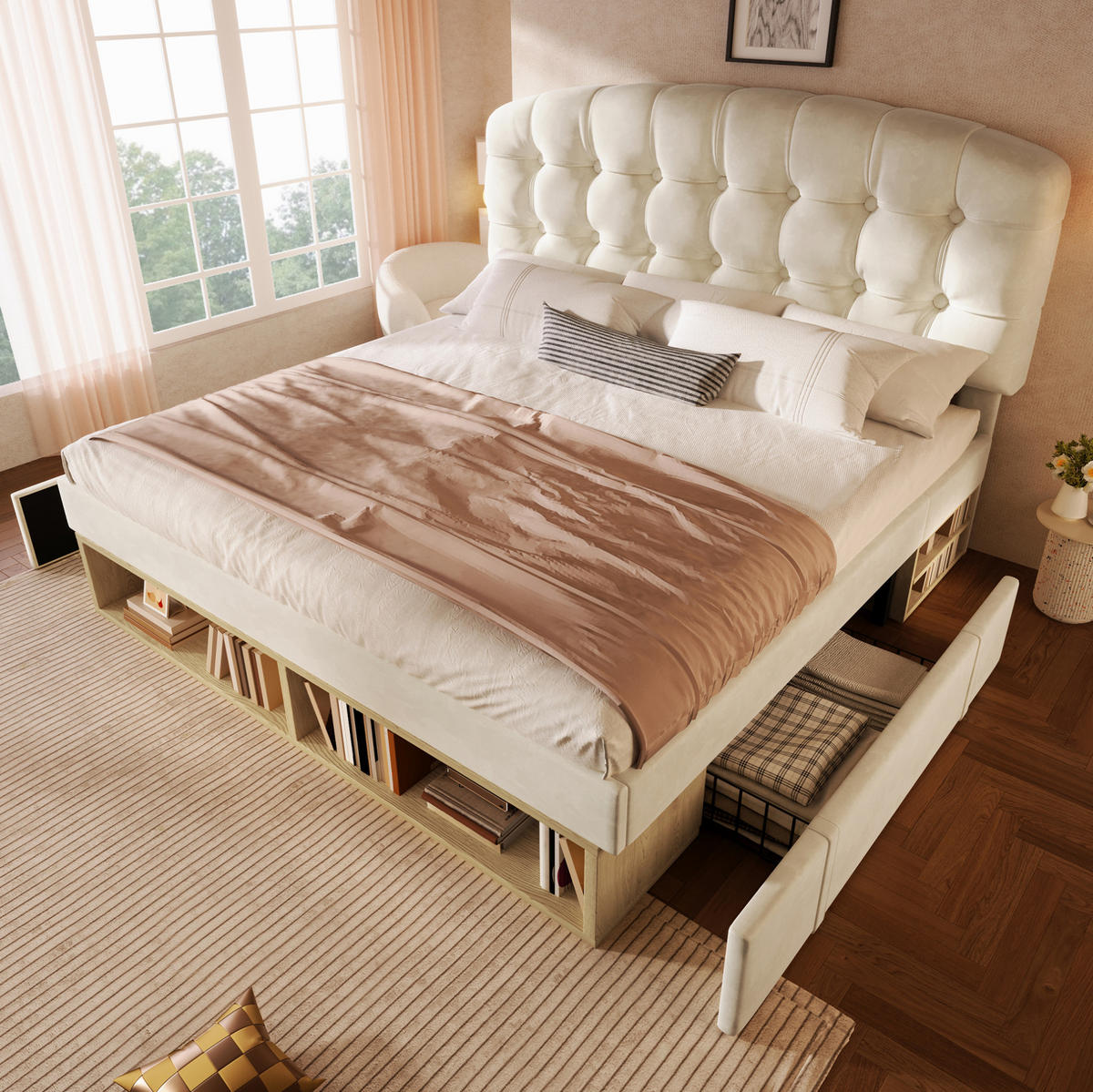 POLSTERBETT 140/200 cm Beige aus Samt mit Stauraum - Beige, Textil (140/200cm) - OKMYHOME