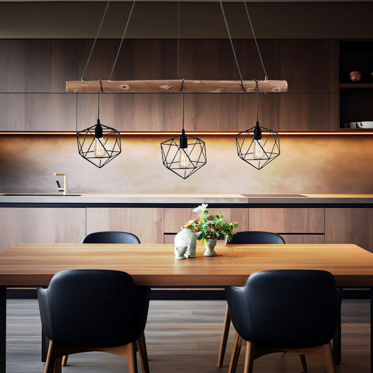 METALL HÄNGELEUCHTE Braun Gitteroptik Holz 3 Flammig - Braun, Holz (100/20/120cm)