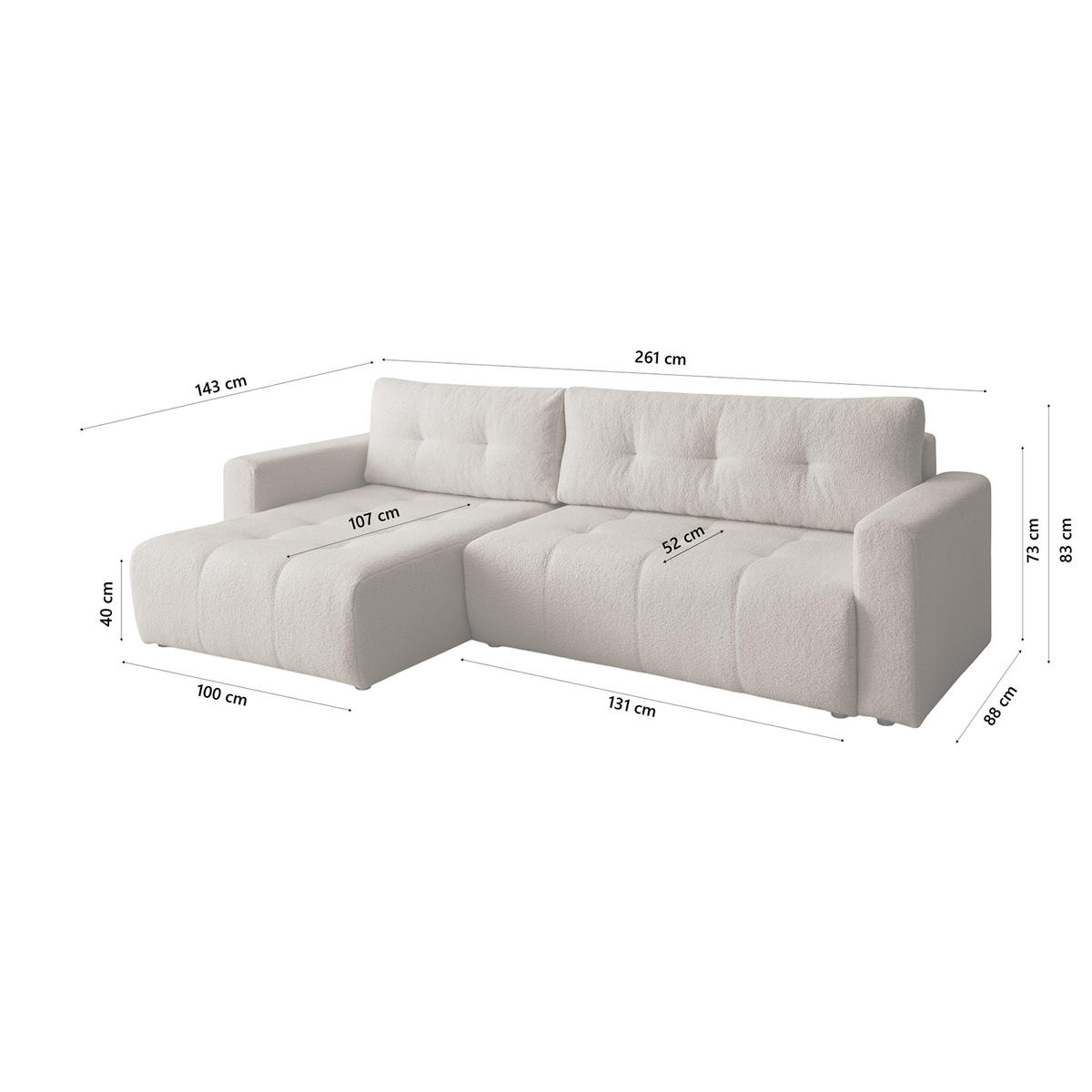 ECKSOFA WALONGO mit Schlaffunktion, Beige - Beige, Textil (261/143cm) - Fedve