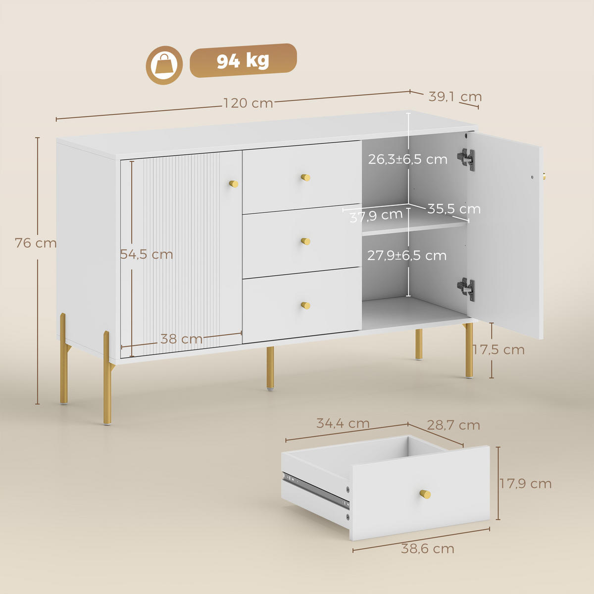 SIDEBOARD Weiß, 2 Türen, 3 Schubladen, 120/39,1/76 cm - Weiß, Holz (120/76/39.1cm) - PANGIVO