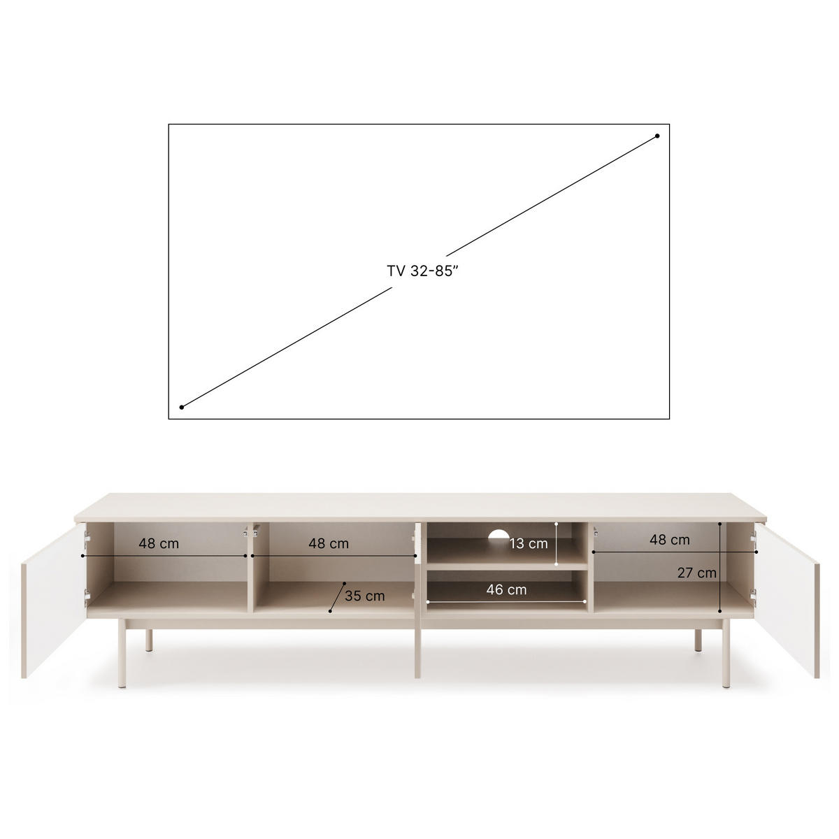 LOWBOARD Soft mit 3 Türen und geriffelten Fronten, Kaschmir - Kaschmir, Holzwerkstoff/Metall (200/50/38cm) - Beautysofa