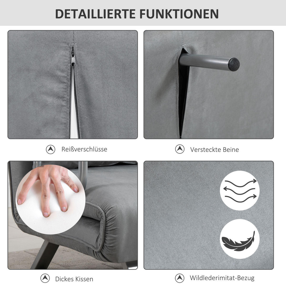SCHLAFSOFA Zweisitzer Polyester mit verstellbarer Rückenlehne 111/80/78 cm Hellgrau - Hellgrau, Metall (80/78/111cm) - Redom