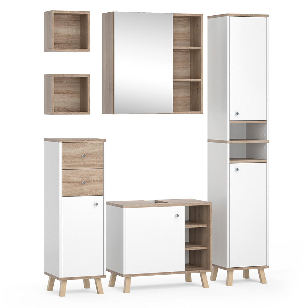 BADMÖBEL-SET Senyo Weiß 5 Teile - Weiß/Sonoma Eiche, Holzwerkstoff (62/54/32cm) - Vicco