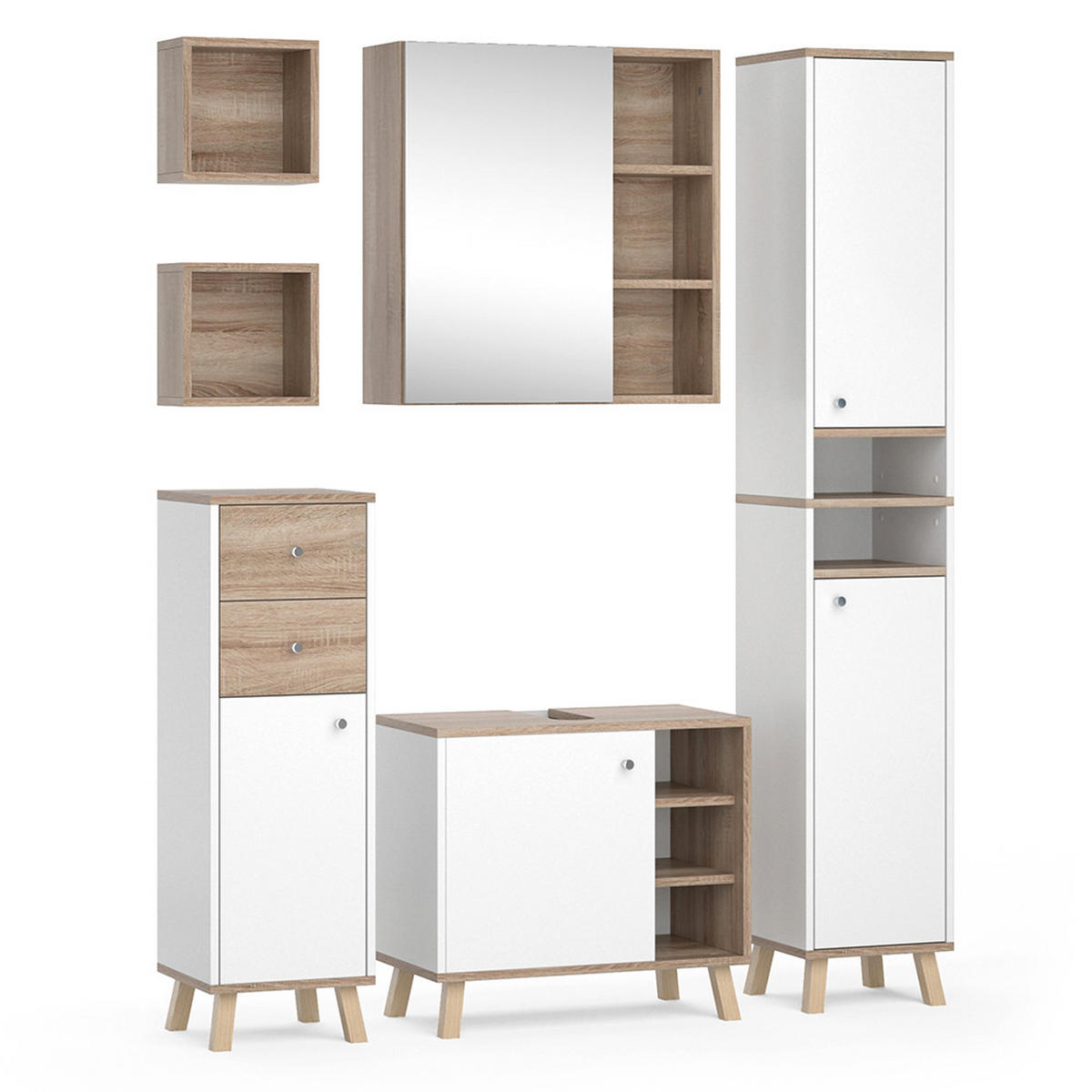 BADMÖBEL-SET Senyo Weiß 5 Teile - Weiß/Sonoma Eiche, Holzwerkstoff (62/54/32cm) - Vicco