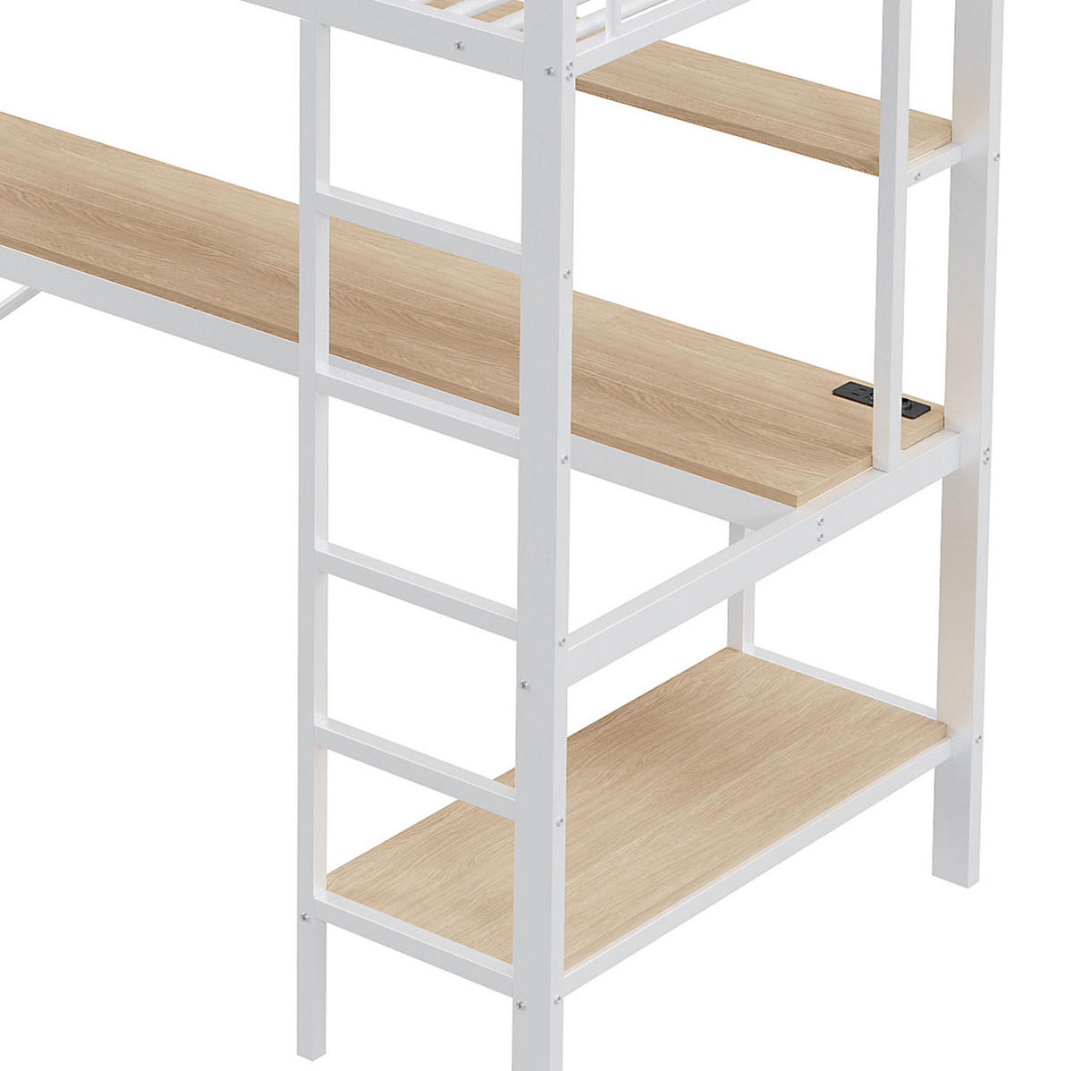 HOCHBETT 90/200 cm mit Geländer USB und LED-Beleuchtung Schreibtisch und Regalen mit Matratze - Weiß, Metall (90/200cm) - OKWISH