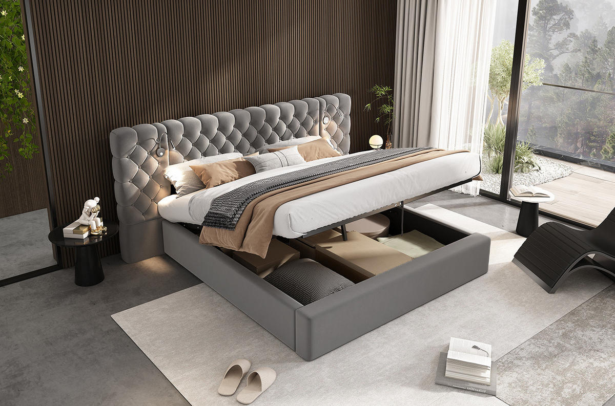 POLSTERBETT 180/200 cm grau aus Samt mit Bettkasten und Leselicht - Grau, Textil (180/200cm) - OKMYHOME