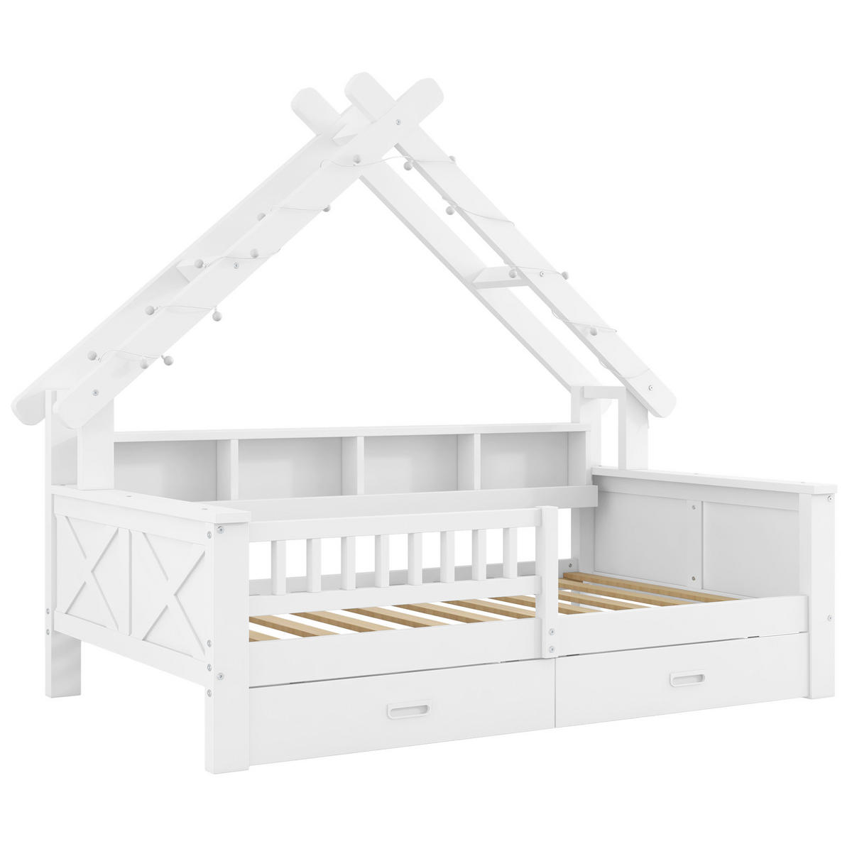 HAUSBETT 90/200 cm Weiß mit LED, Stauraum und Schubladen - Weiß, Holz (90/200cm) - MIVRAY