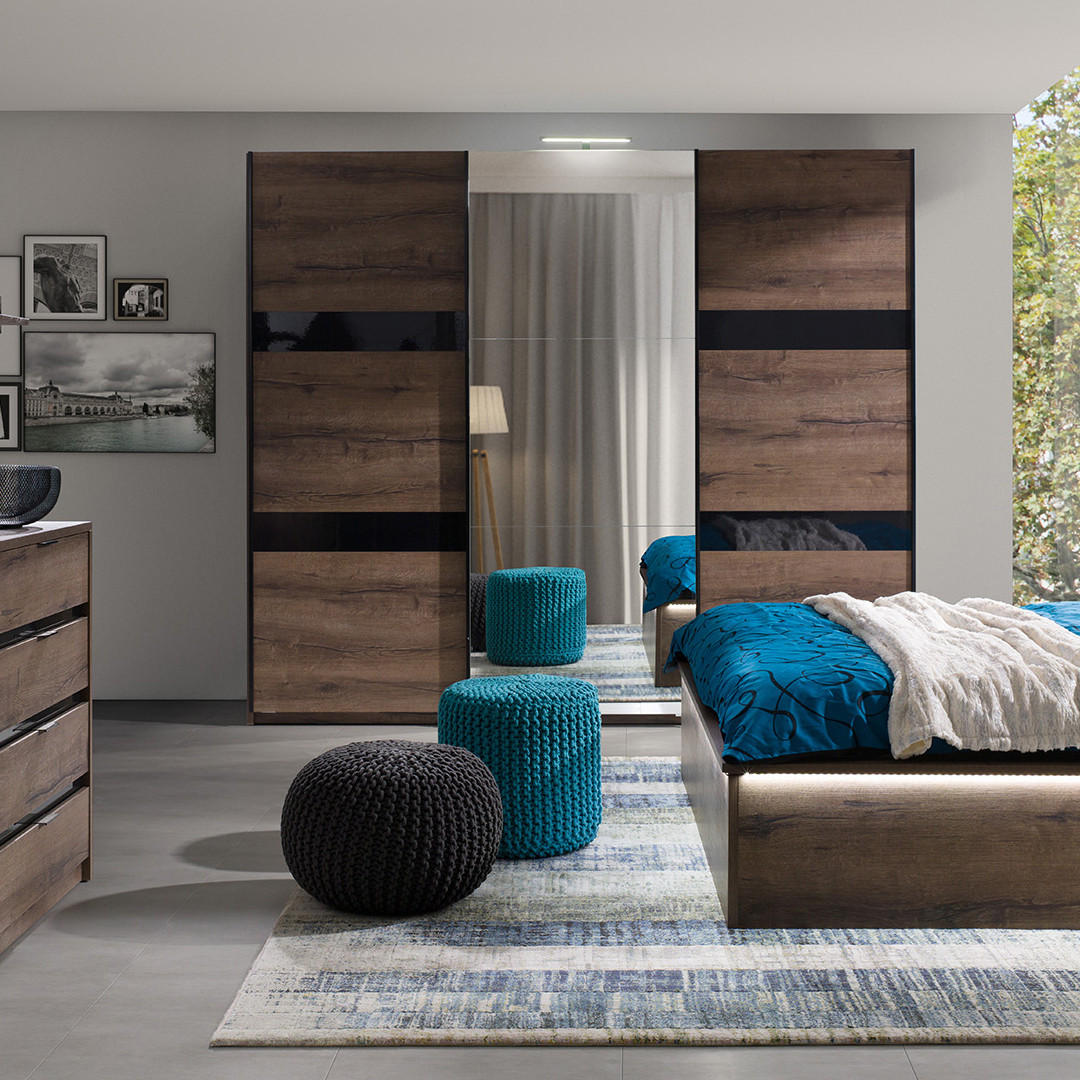 Thumbnail - Beautysofa Schwebetürenschrank, Eiche, Metall, 250x215x68.5 cm, Schlafzimmer, Kleiderschränke, Schwebetürenschränke