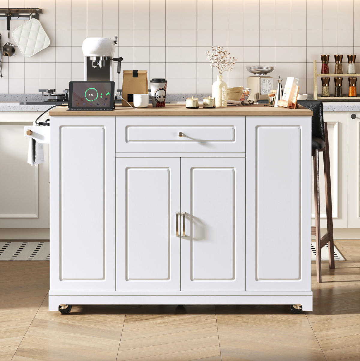 KÜCHENINSEL 131,8/40-70/93,3 cm aus MDF mit Rollen und ausklappbarer Arbeitsplatte Weiß/Natur - Weiß, Holzwerkstoff (131.8/93.3/70cm) - Modenvie