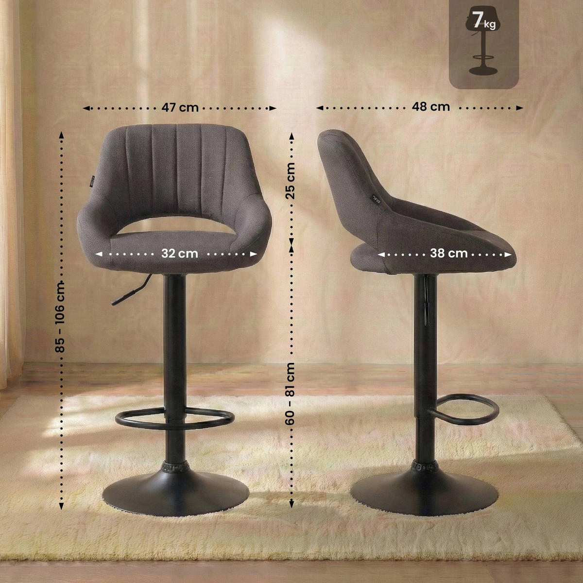 BARHOCKER Stoff Dunkelgrau - Dunkelgrau/Schwarz, Textil/Metall (47/85/48cm) - CLP