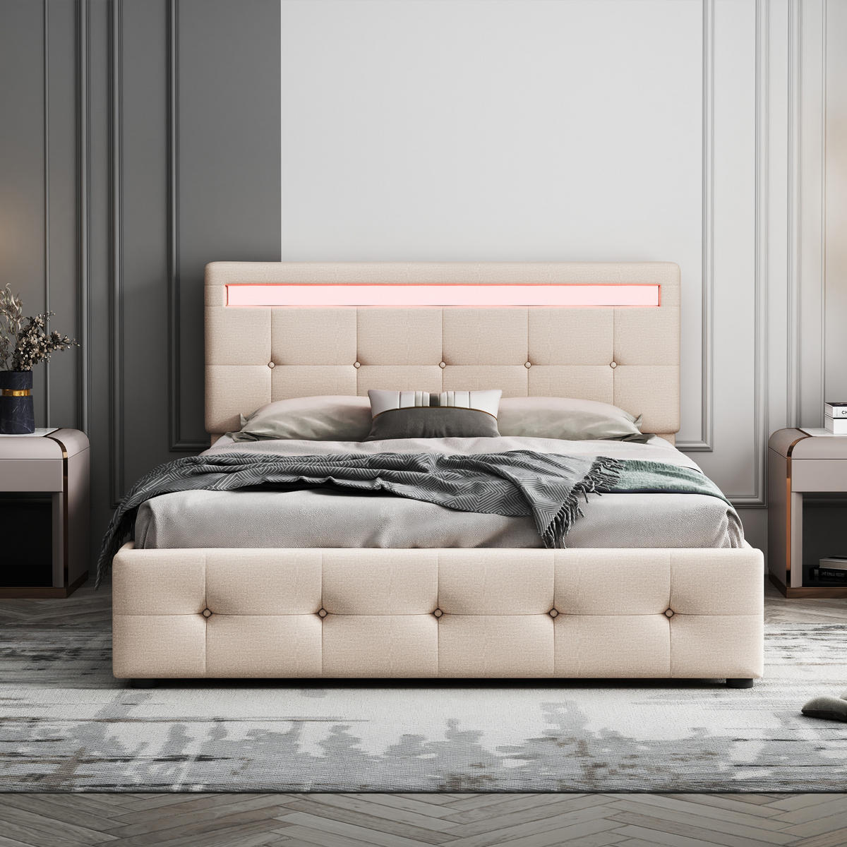 POLSTERBETT 140/200 cm DE-01701, in Beige, mit LED, 4 Schubladen und Bettkasten auf Rollen - Beige, Metall (140/200cm) - ComfortXL