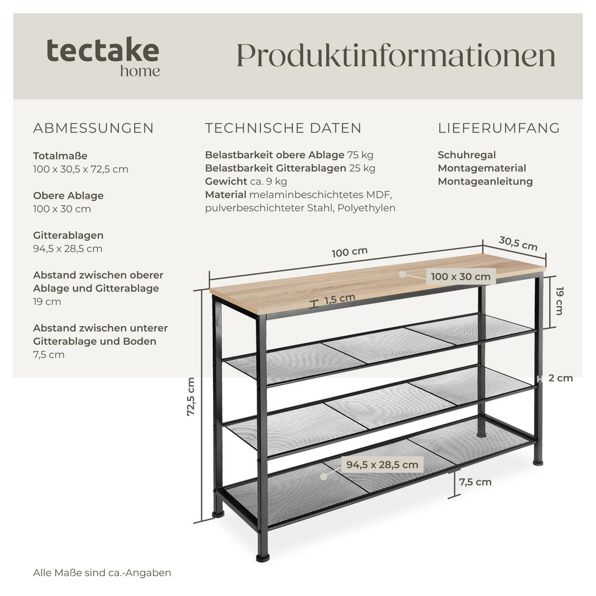 SCHUHREGAL Portsmouth,100 x 30,5 x 72,5 cm,Industrial Holz hell, Eiche Sonoma - Naturfarben, Metall (30.5/72.5/100cm) - tectake