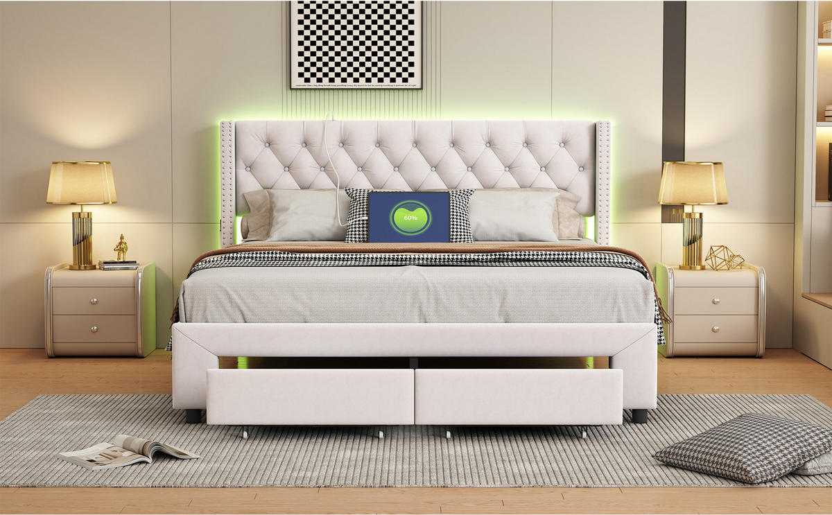 POLSTERBETT 140x190 cm Beige Samt LED USB Schublade - Beige, Holz (140/190cm) - SHOPENTRA