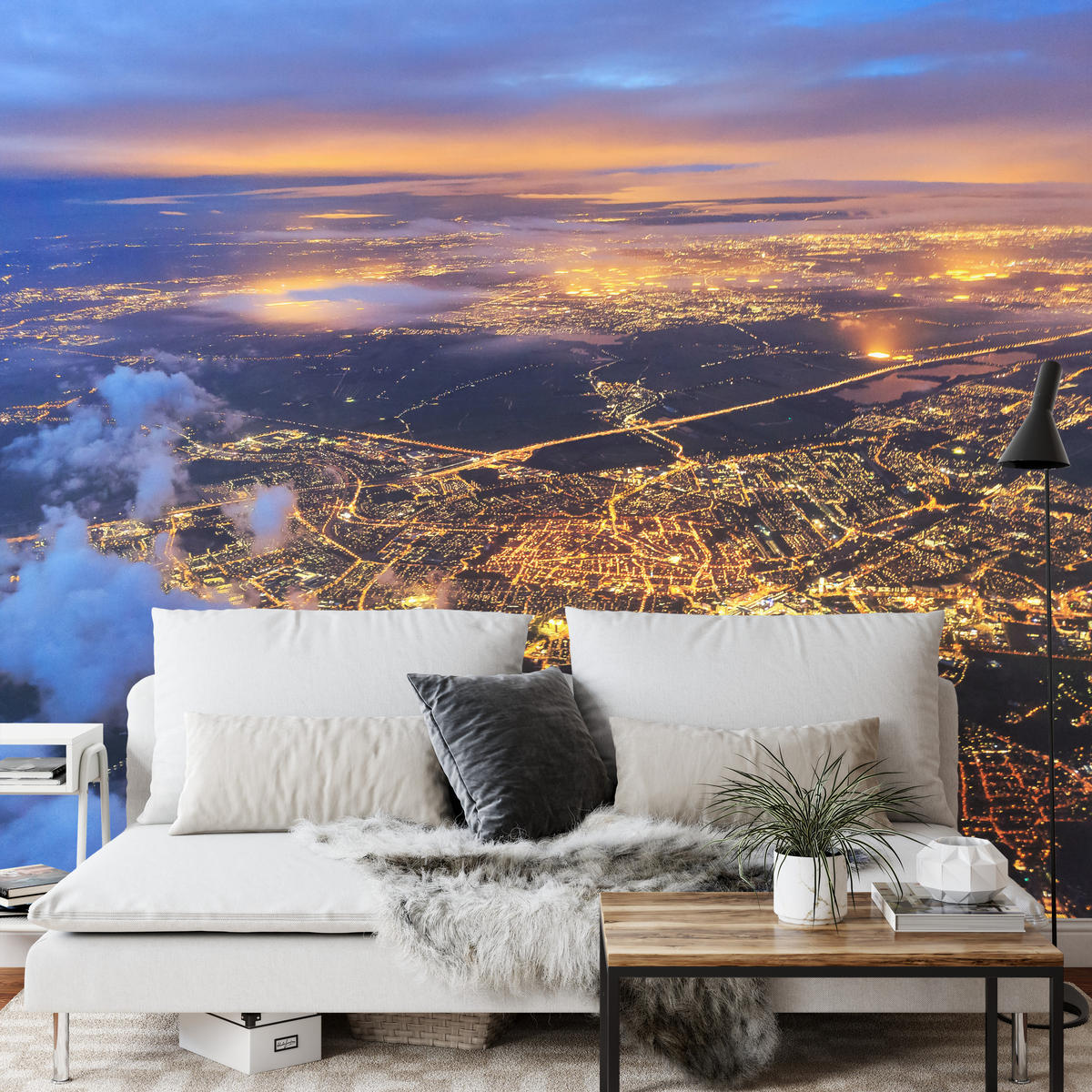 FOTOTAPETE für Wohnzimmer Vogelperspektive Beleuchtete Stadt Skyline 300x210 - Gelb/Orange, Papier (300/210cm) - Muralo