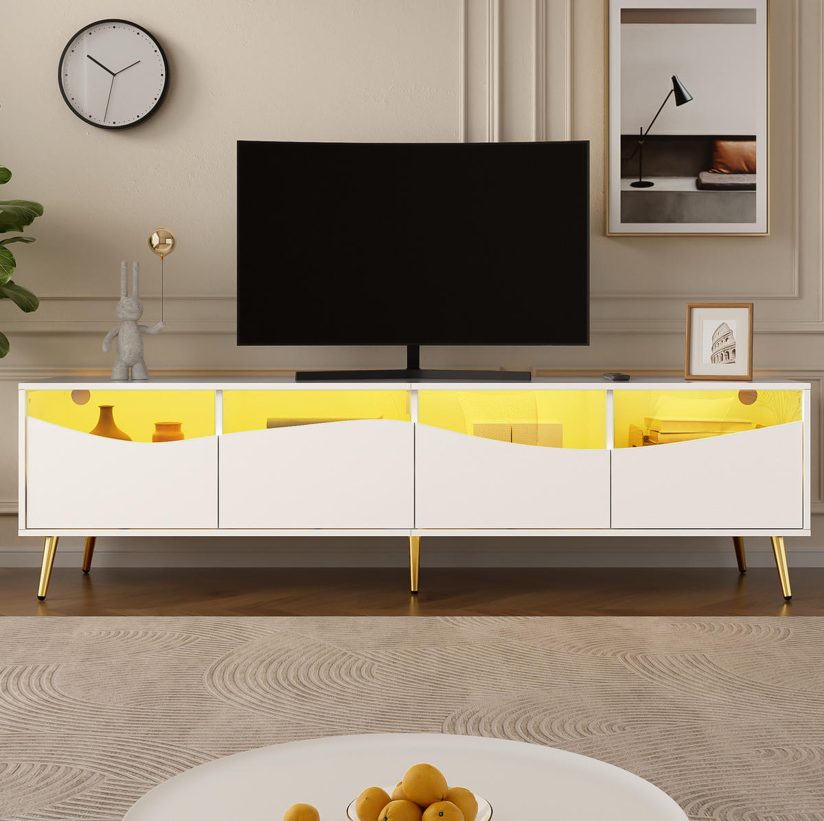 TV-SCHRANK aus MDF 180x40x50 cm Weiß mit LED-Beleuchtung, Glasfronten und Kabeldurchführungen - Weiß, Holzwerkstoff (180/50/40cm) - Modfu