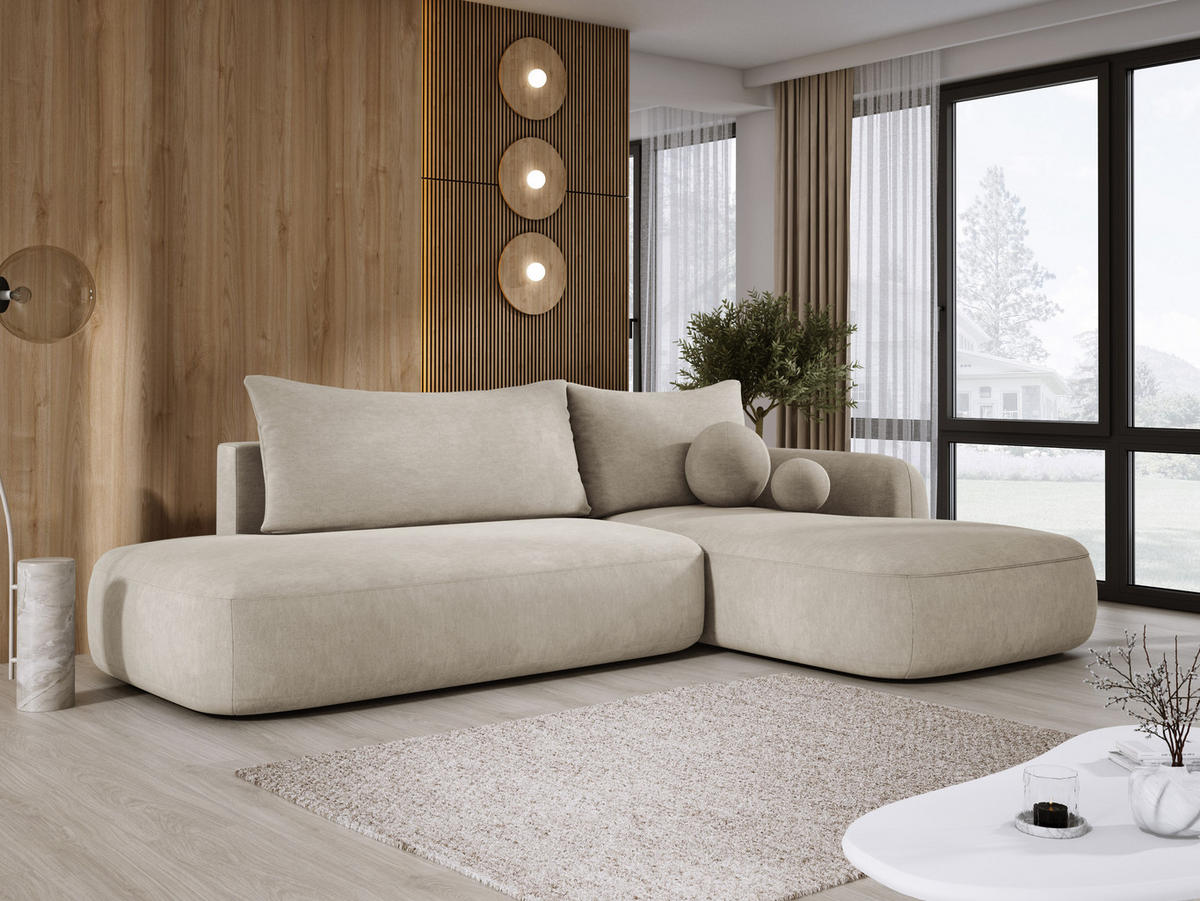 ECKSOFA BABU mit Bettfunktion – Moderne Polsterecke für Wohnzimmer, Funktionales Schlafsofa im Stoff CLOUD, 300x105x60 cm, Rechte, – Beige - Ecru, Holz/Textil (300/190cm) - DomoHome