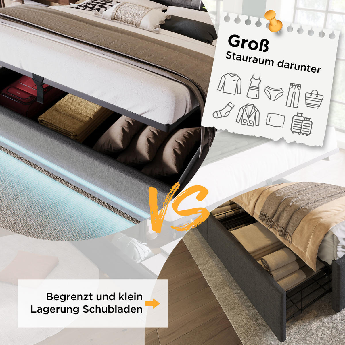 POLSTERBETT 160/200 cm Grau aus Baumwolle mit Bettkasten, LED und USB-C - Grau, Textil (160/200cm) - OKMYHOME